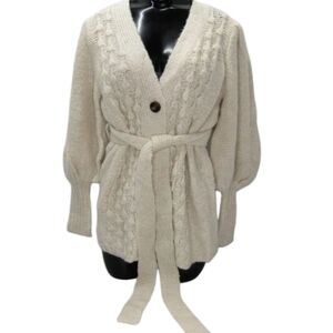 Toccin Womens Cardigan Short Popcorn Button Up Waist Tie  Size M Vanilla Beige